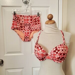 NEW Aerie Art Deco Coral Floral Pattern 2 PC Swimsuit Women's Size 38 C M/L